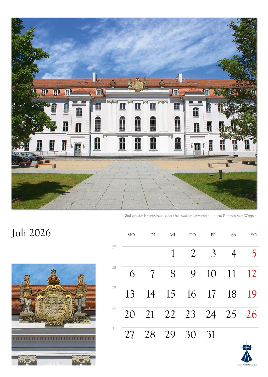 Südseite des Hauptgebäudes der Greifswalder Universität mit dem Pommerschen Wappen