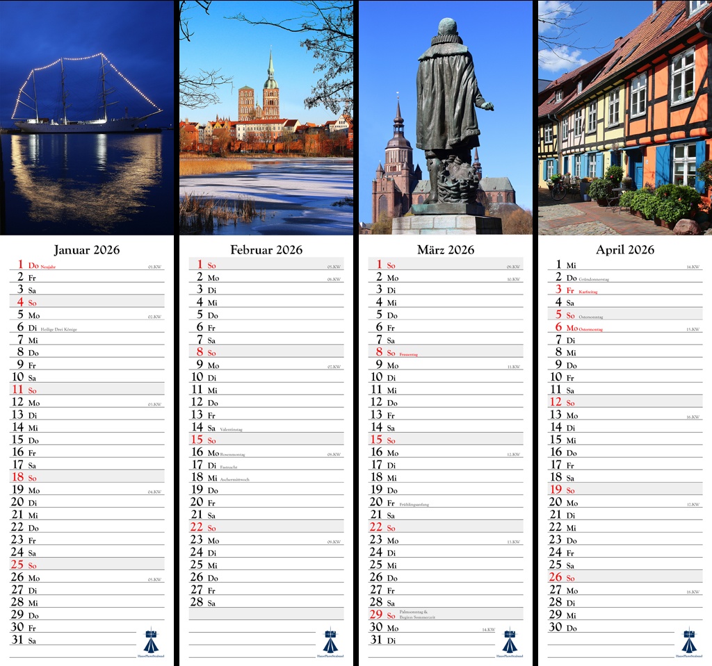 Streifenkalender Hansestadt Stralsund 2026 - Übersicht der Monate Januar bis April