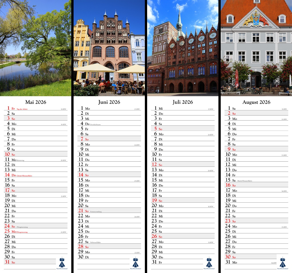 Streifenkalender Hansestadt Stralsund 2026 - Übersicht der Monate Mai bis August