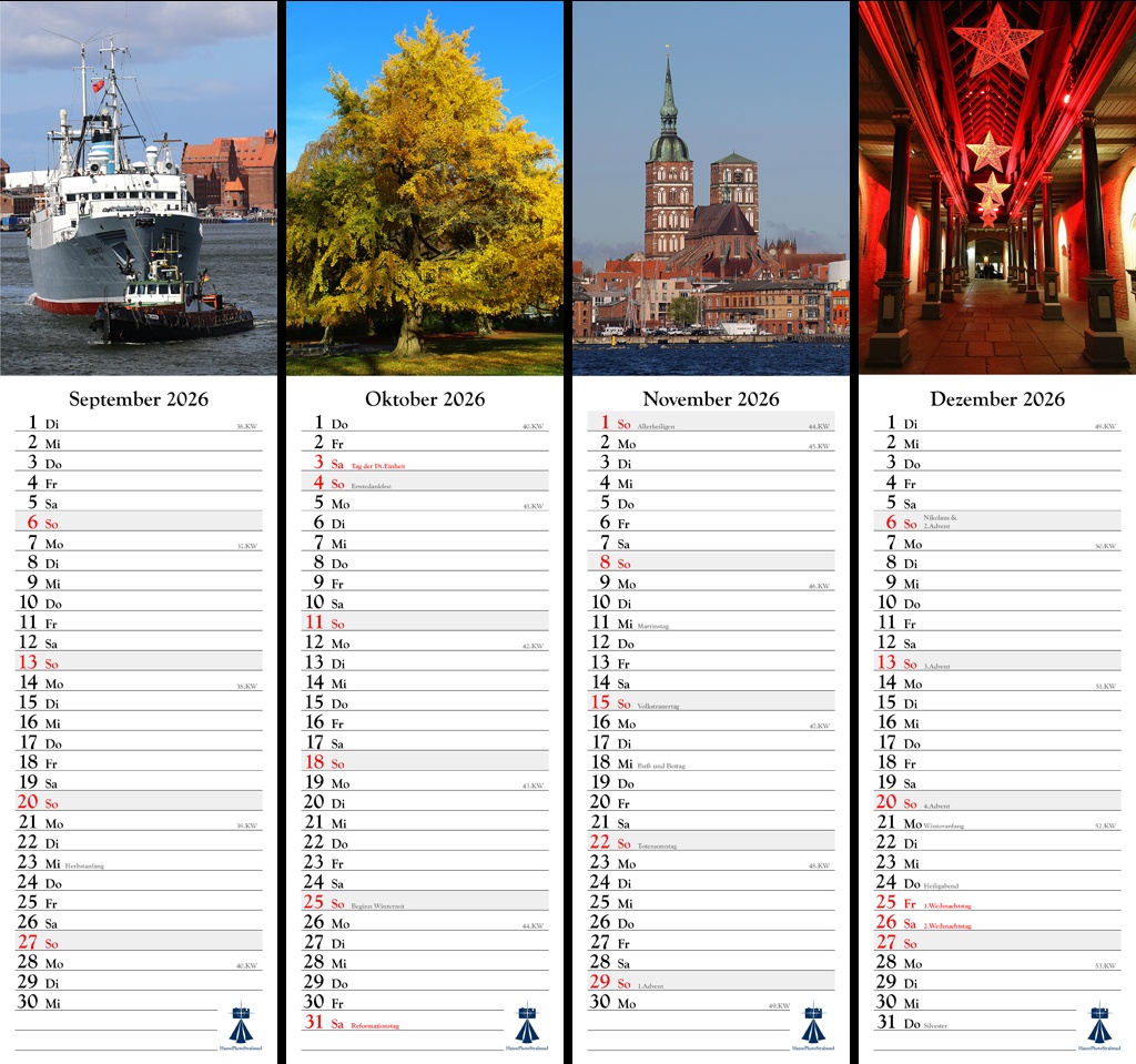 Streifenkalender Hansestadt Stralsund 2026 - Übersicht der Monate September bis Dezember