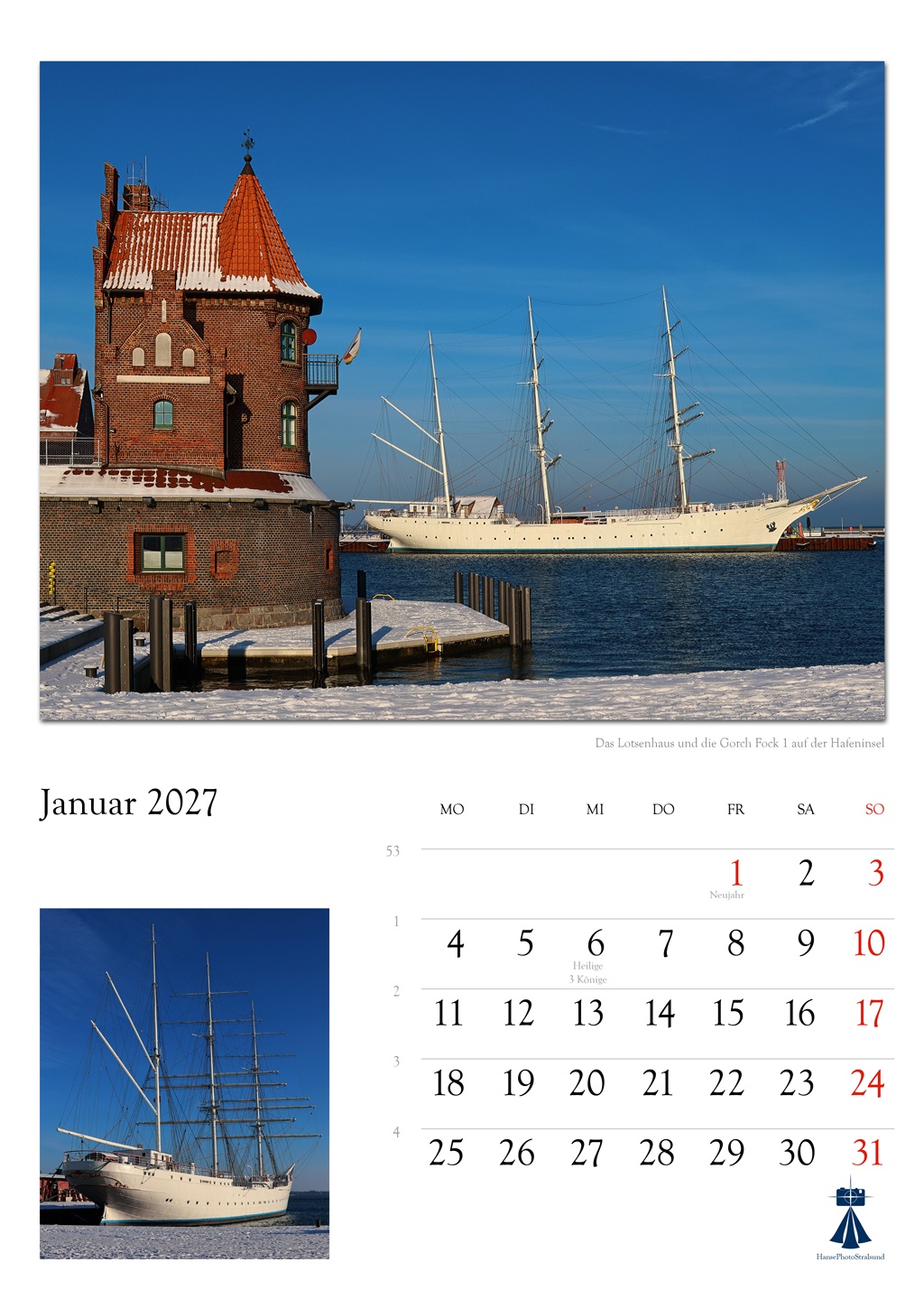 Das Lotsenhaus und die Gorch Fock 1 auf der Hafeninsel