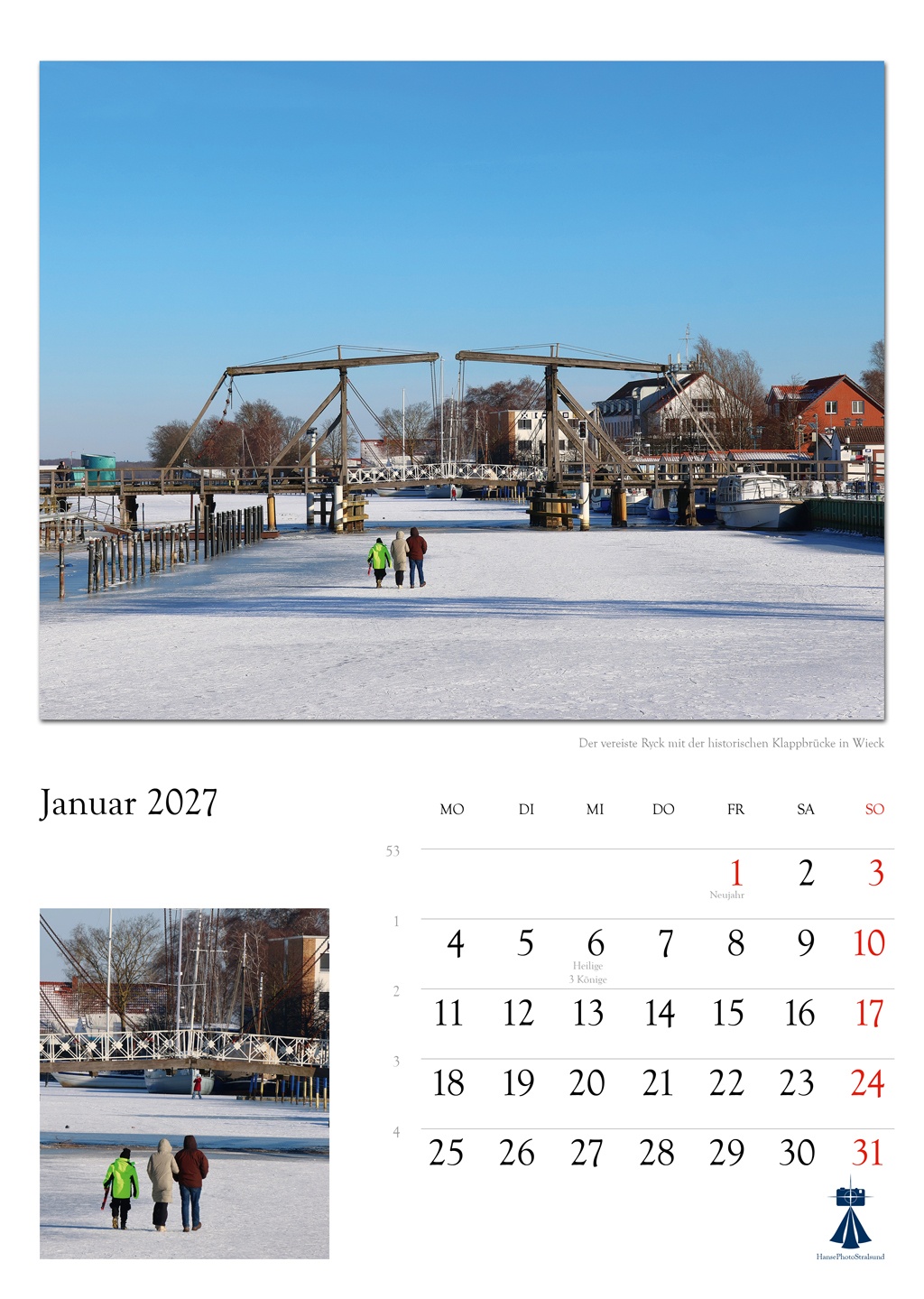 Der vereiste Ryck mit der historischen Klappbrücke in Wieck