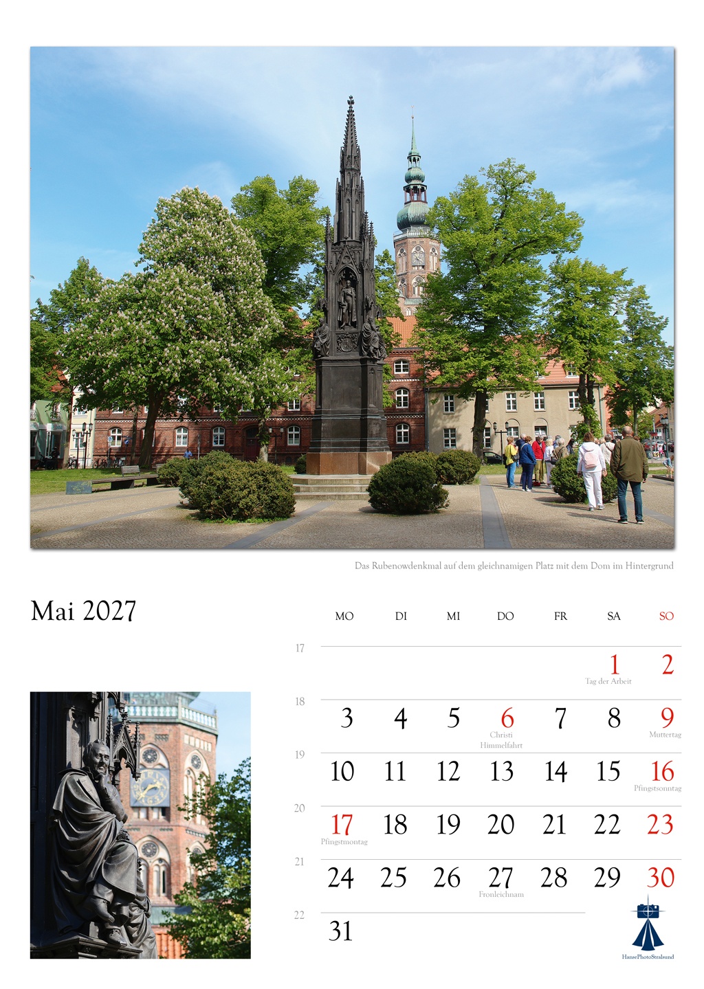 Das Rubenowdenkmal auf dem gleichnamigen Platz mit dem Dom im Hintergrund
