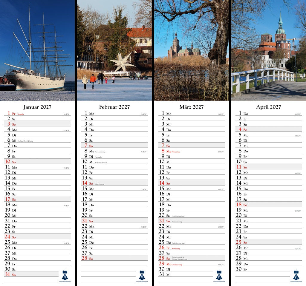 Streifenkalender Hansestadt Stralsund 2027 - Übersicht der Monate Januar bis April