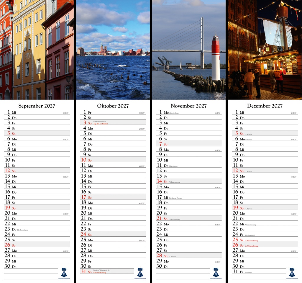 Streifenkalender Hansestadt Stralsund 2027 - Übersicht der Monate September bis Dezember