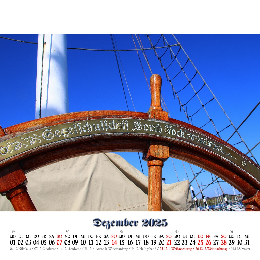 07.05.2023 - Detailaufnahme vom Steuerrad
mit der Aufschrift „Segelschulschiff Gorch Fock“