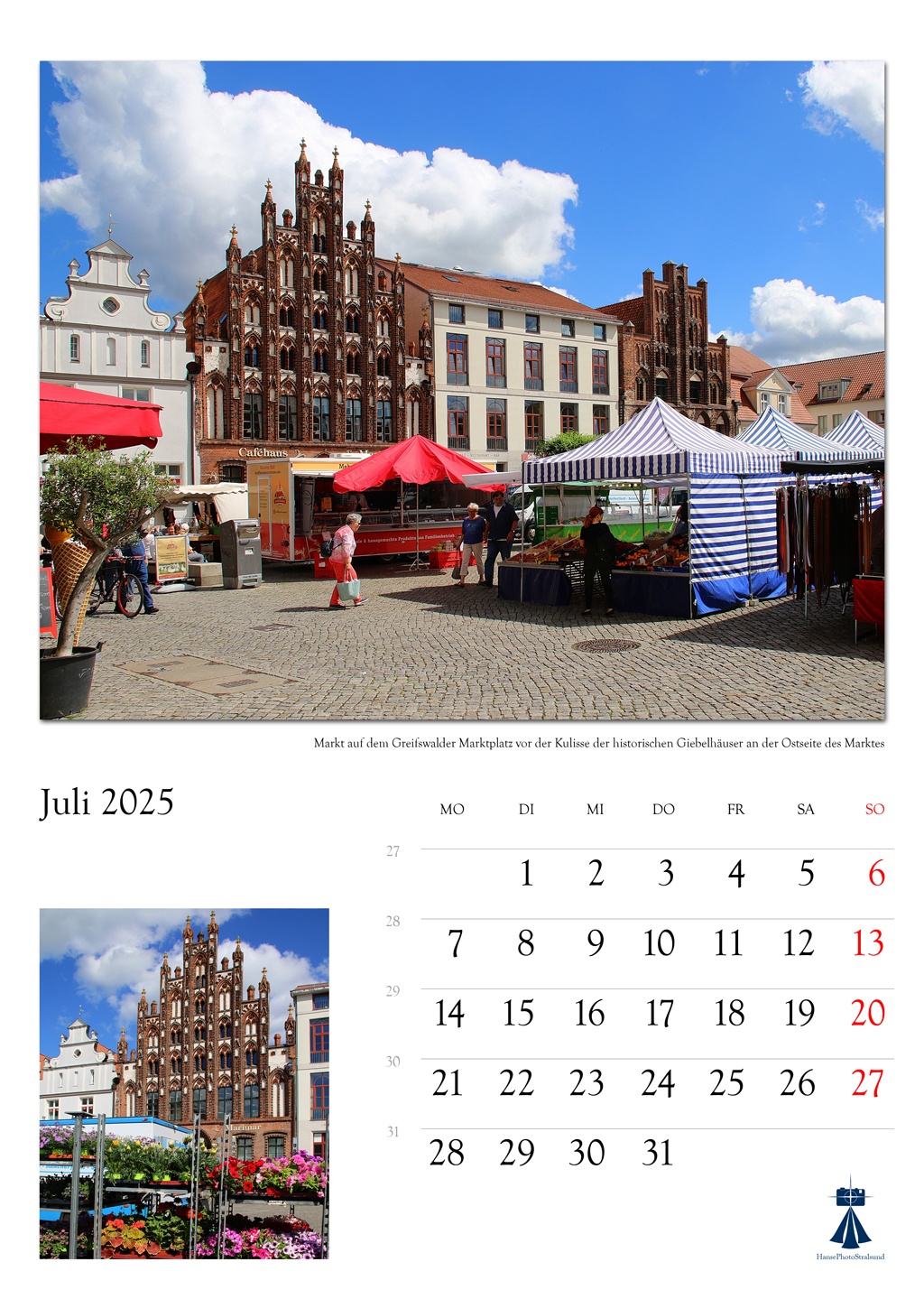 Markt auf dem Greifswalder Marktplatz vor der Kulisse der historischen Giebelhäuser an der Ostseite des Marktes