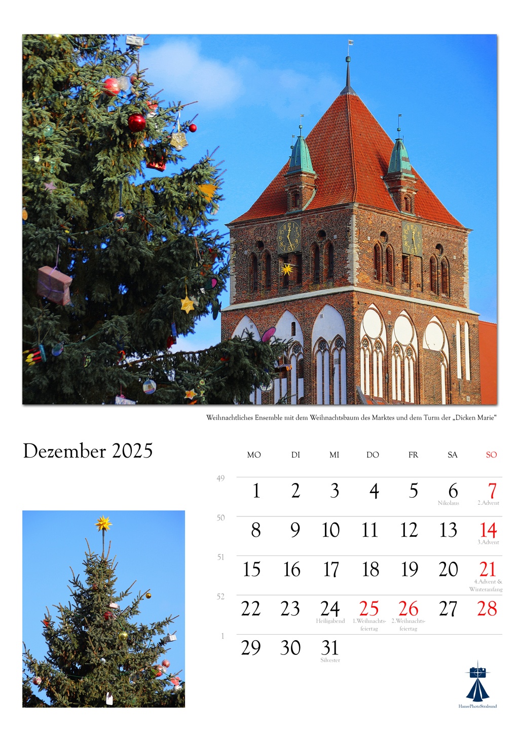 Weihnachtliches Ensemble mit dem Weihnachtsbaum des Marktes und dem Turm der „Dicken Marie“