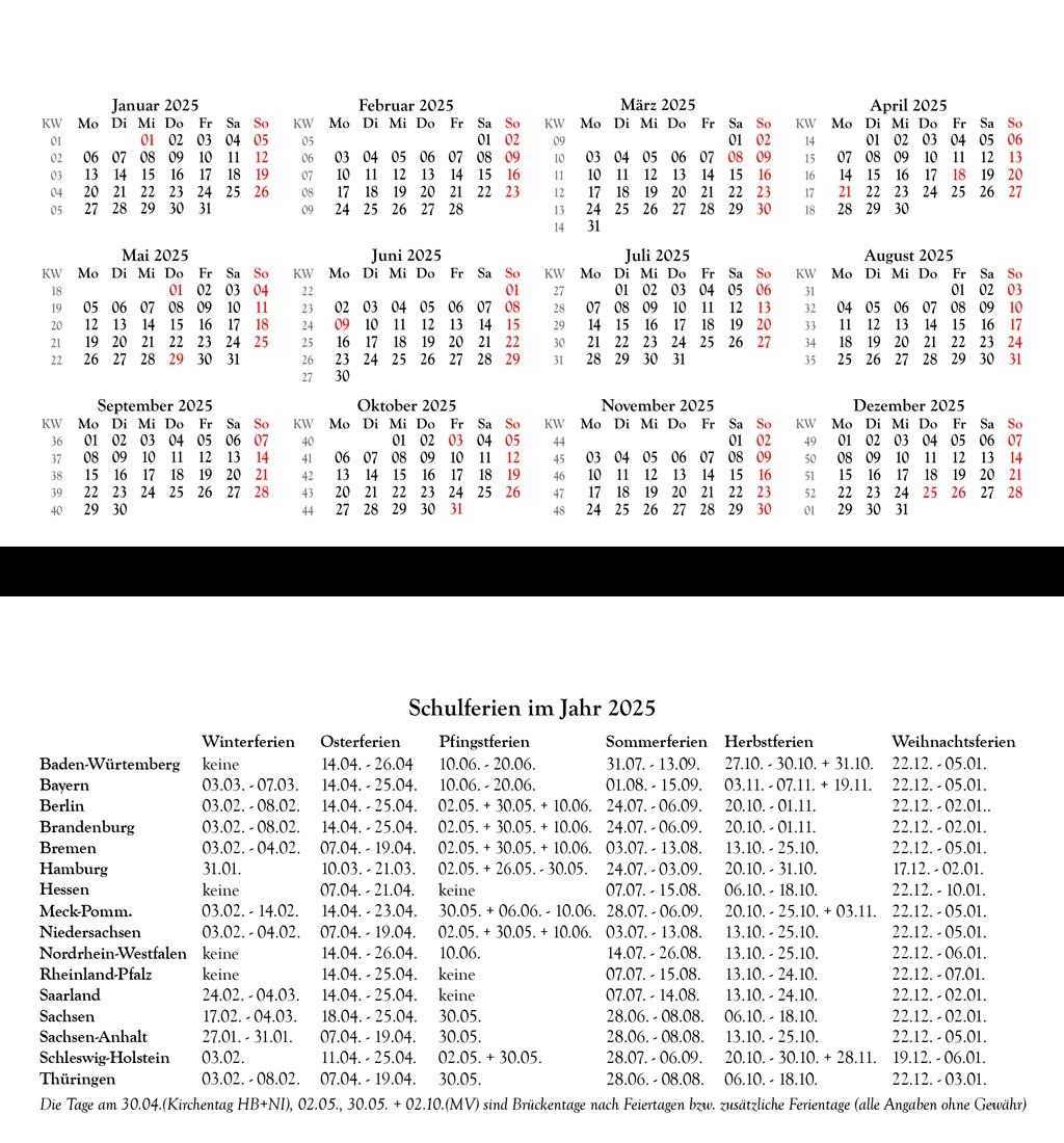 Jahresübersicht: aktuelle Kalenderjahr und Schulferien des laufenden Schuljahres in den Bundesländern