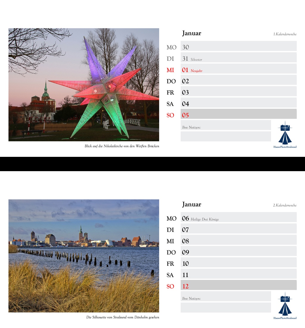 Die Wochenseite mit einem Stralsund-Motiv und viel Platz für Eintragungen