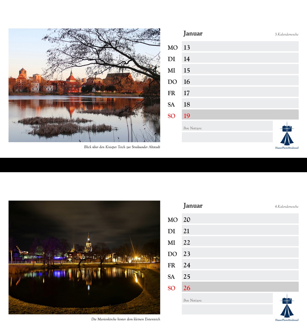 Die Wochenseite mit einem Stralsund-Motiv und viel Platz für Eintragungen