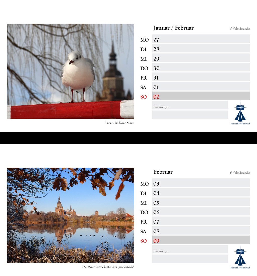 Die Wochenseite mit einem Stralsund-Motiv und viel Platz für Eintragungen