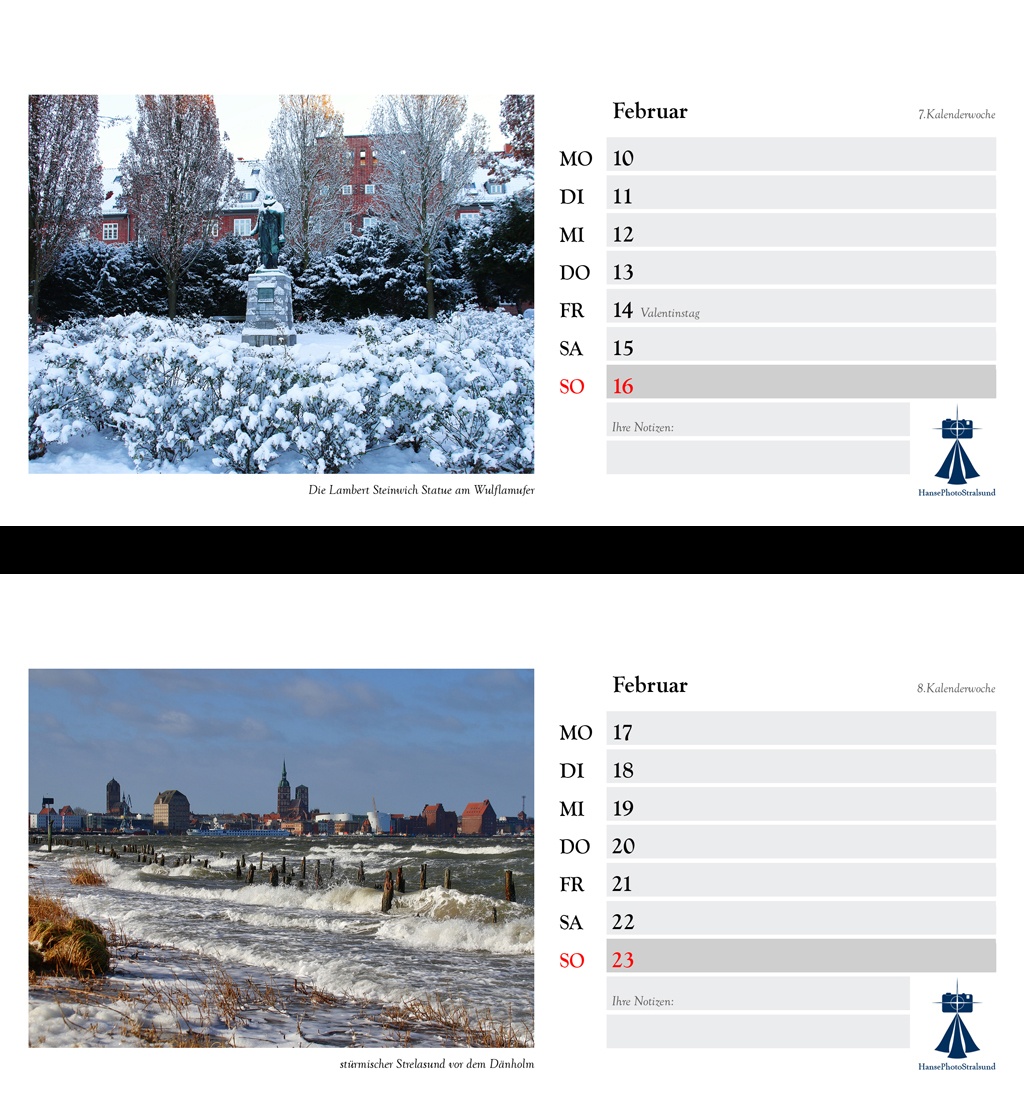 Die Wochenseite mit einem Stralsund-Motiv und viel Platz für Eintragungen