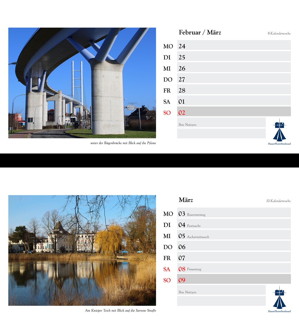Die Wochenseite mit einem Stralsund-Motiv und viel Platz für Eintragungen