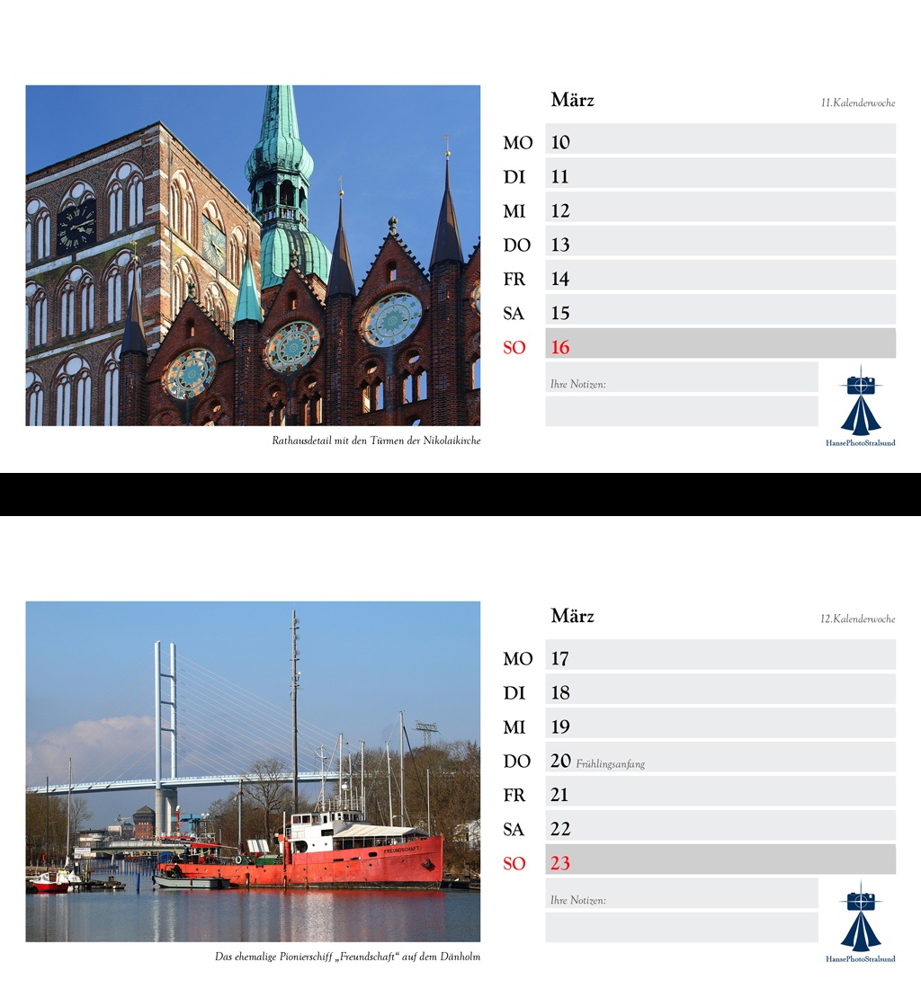 Die Wochenseite mit einem Stralsund-Motiv und viel Platz für Eintragungen