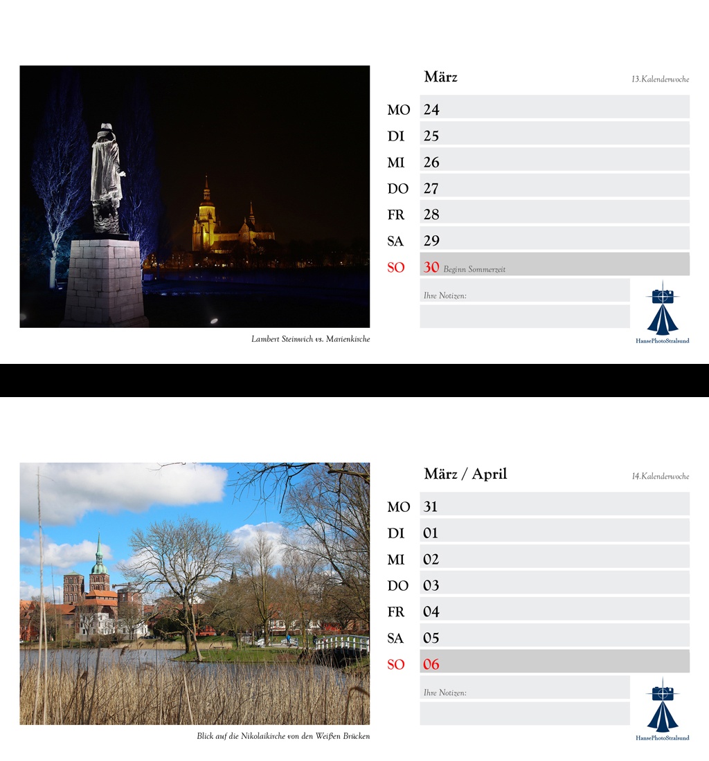 Die Wochenseite mit einem Stralsund-Motiv und viel Platz für Eintragungen
