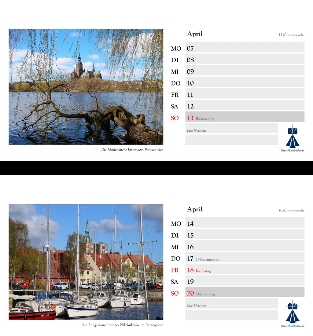 Die Wochenseite mit einem Stralsund-Motiv und viel Platz für Eintragungen