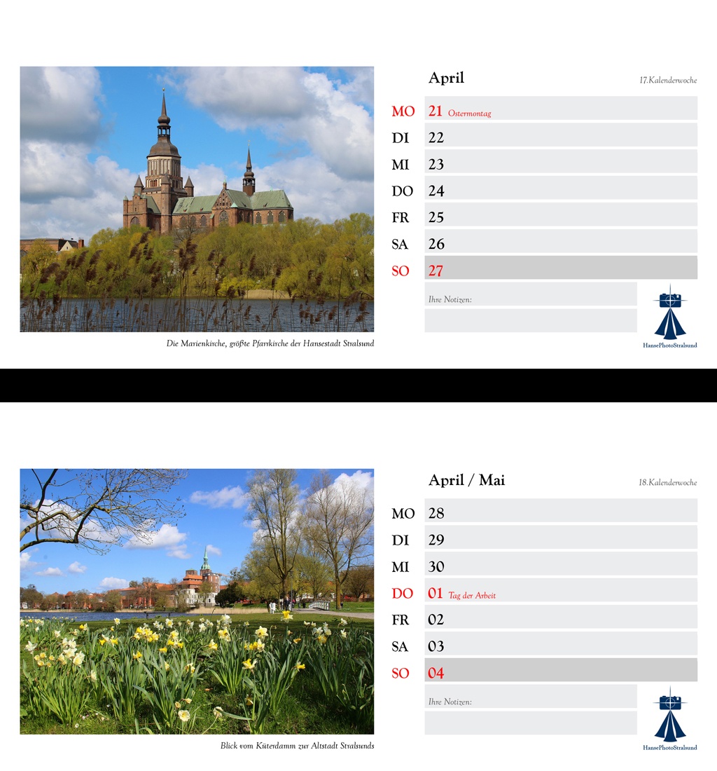Die Wochenseite mit einem Stralsund-Motiv und viel Platz für Eintragungen