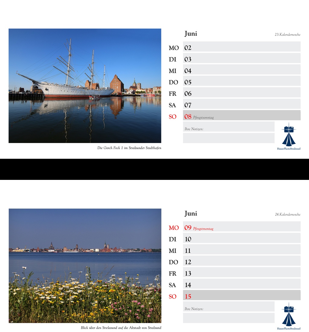 Die Wochenseite mit einem Stralsund-Motiv und viel Platz für Eintragungen