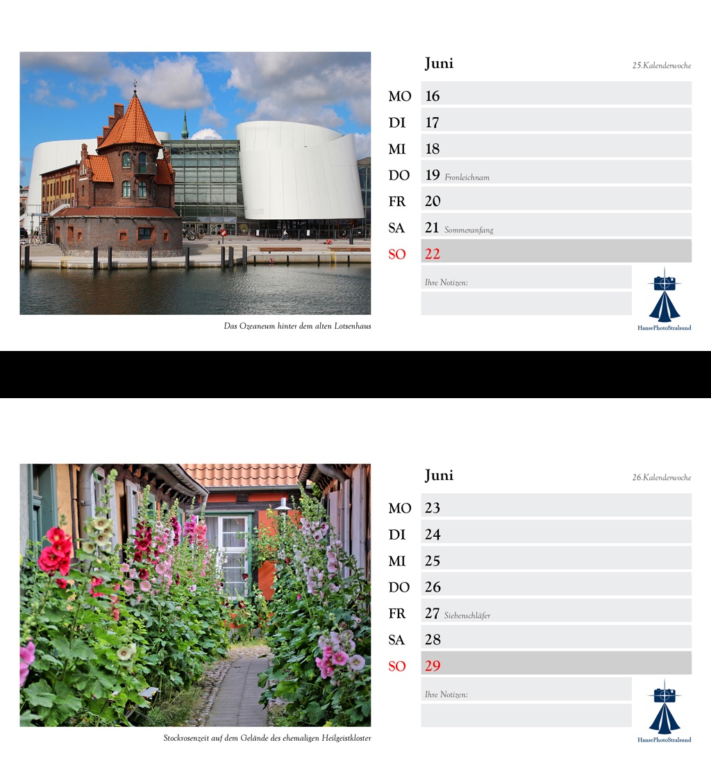 Die Wochenseite mit einem Stralsund-Motiv und viel Platz für Eintragungen