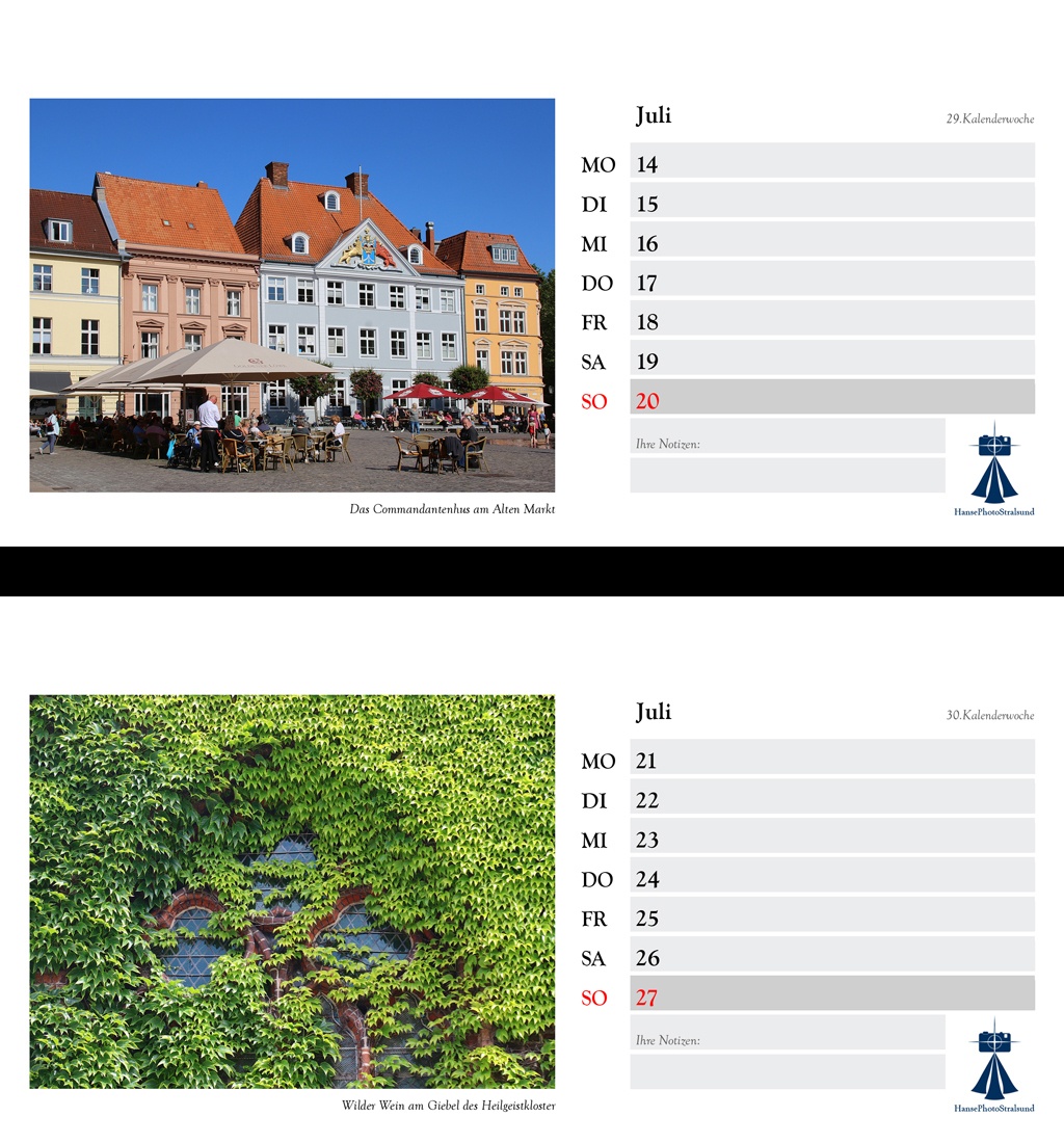 Die Wochenseite mit einem Stralsund-Motiv und viel Platz für Eintragungen