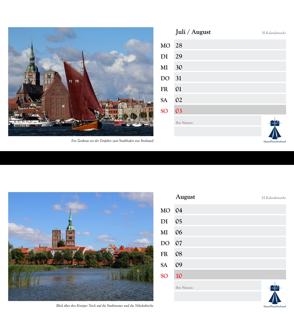 Die Wochenseite mit einem Stralsund-Motiv und viel Platz für Eintragungen