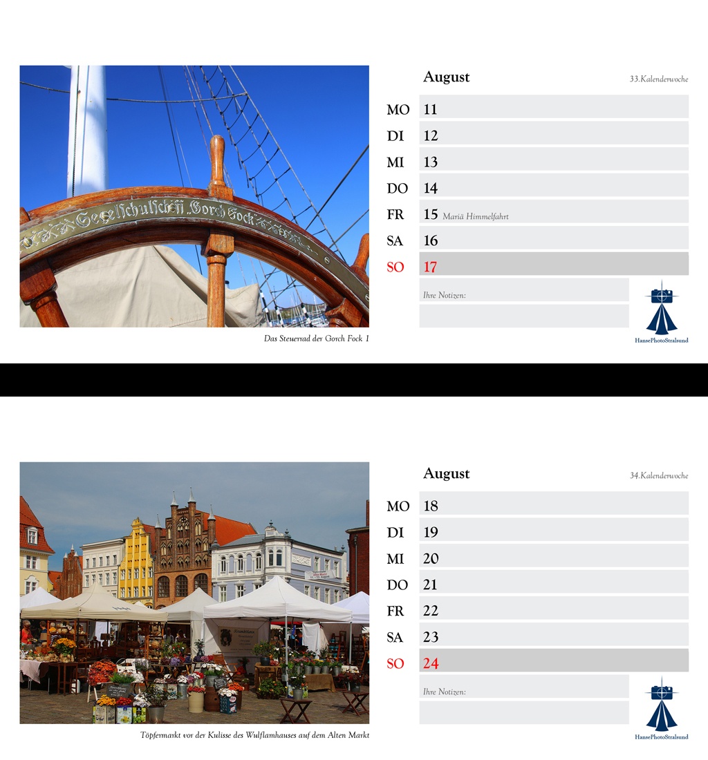 Die Wochenseite mit einem Stralsund-Motiv und viel Platz für Eintragungen