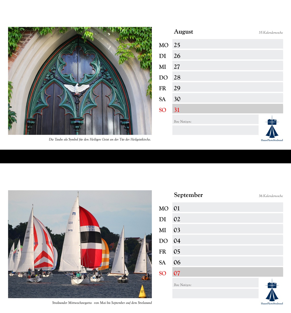 Die Wochenseite mit einem Stralsund-Motiv und viel Platz für Eintragungen