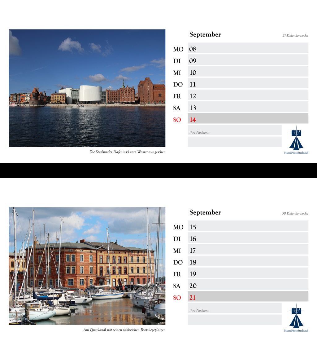 Die Wochenseite mit einem Stralsund-Motiv und viel Platz für Eintragungen