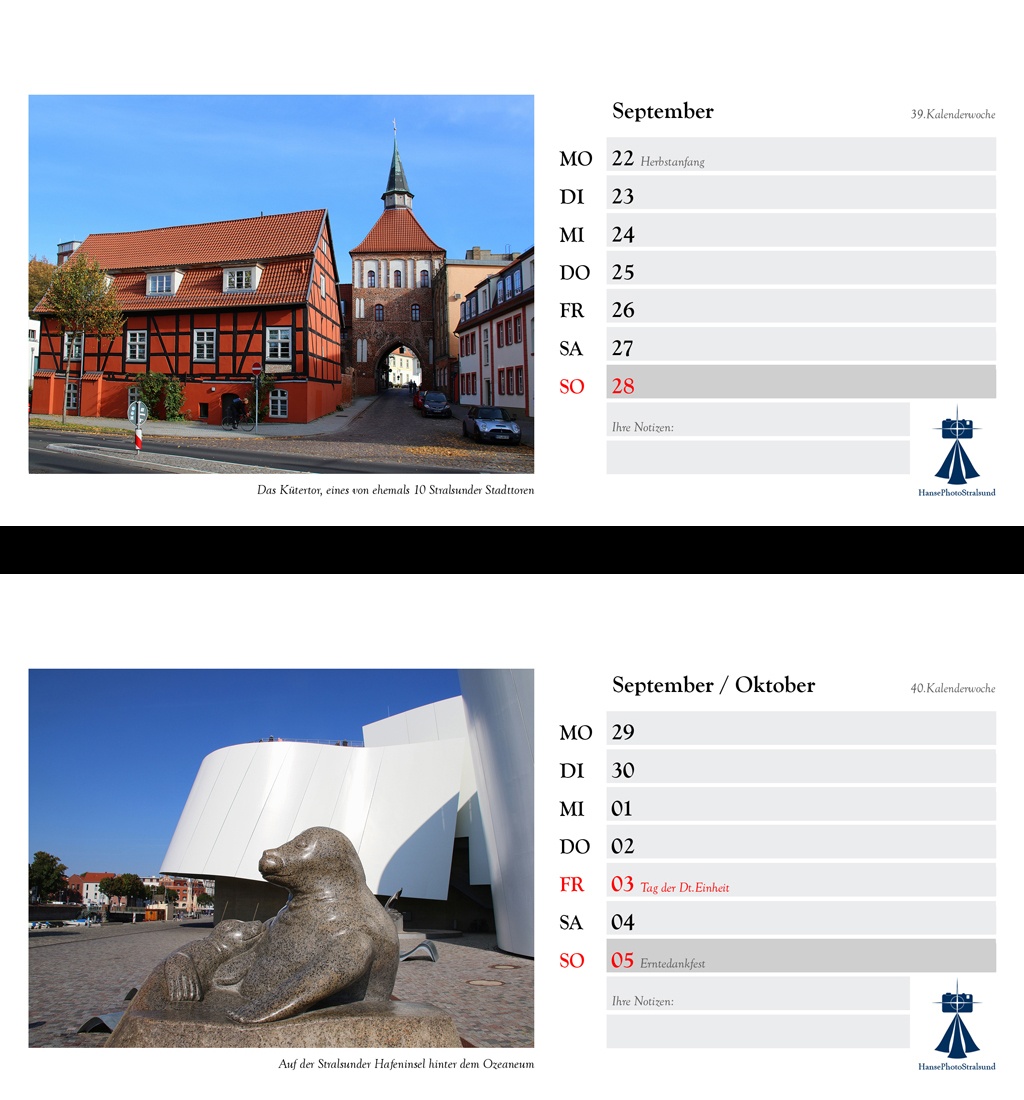 Die Wochenseite mit einem Stralsund-Motiv und viel Platz für Eintragungen