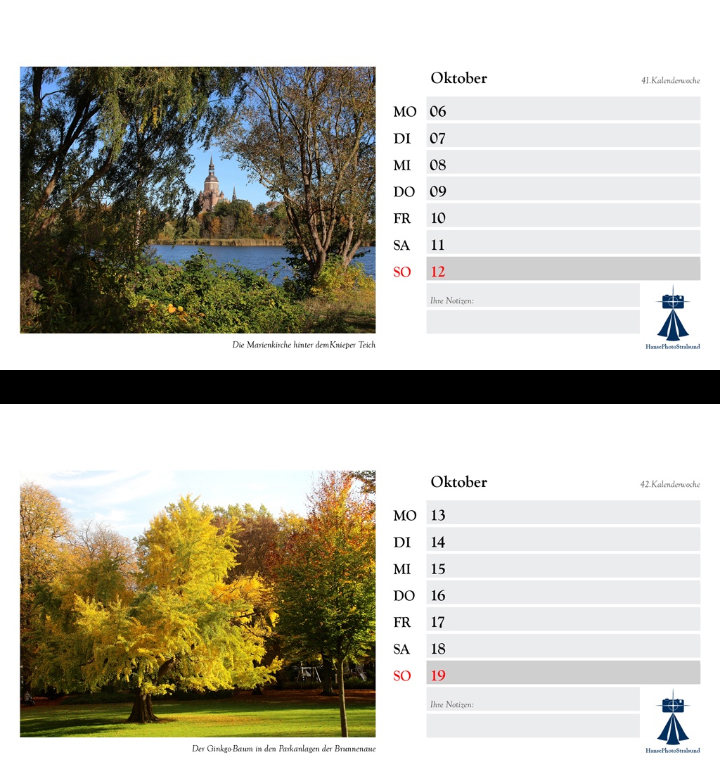 Die Wochenseite mit einem Stralsund-Motiv und viel Platz für Eintragungen