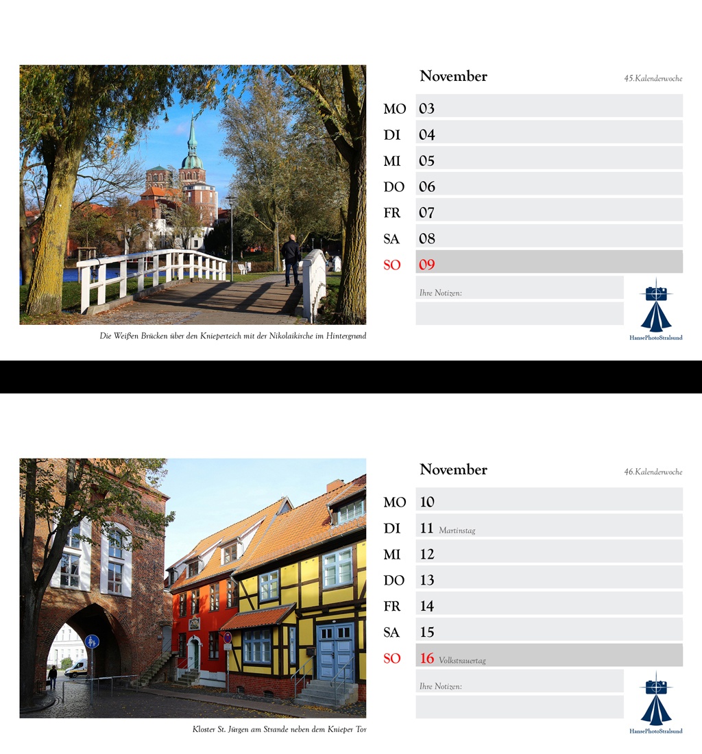 Die Wochenseite mit einem Stralsund-Motiv und viel Platz für Eintragungen