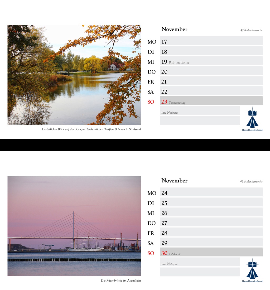 Die Wochenseite mit einem Stralsund-Motiv und viel Platz für Eintragungen