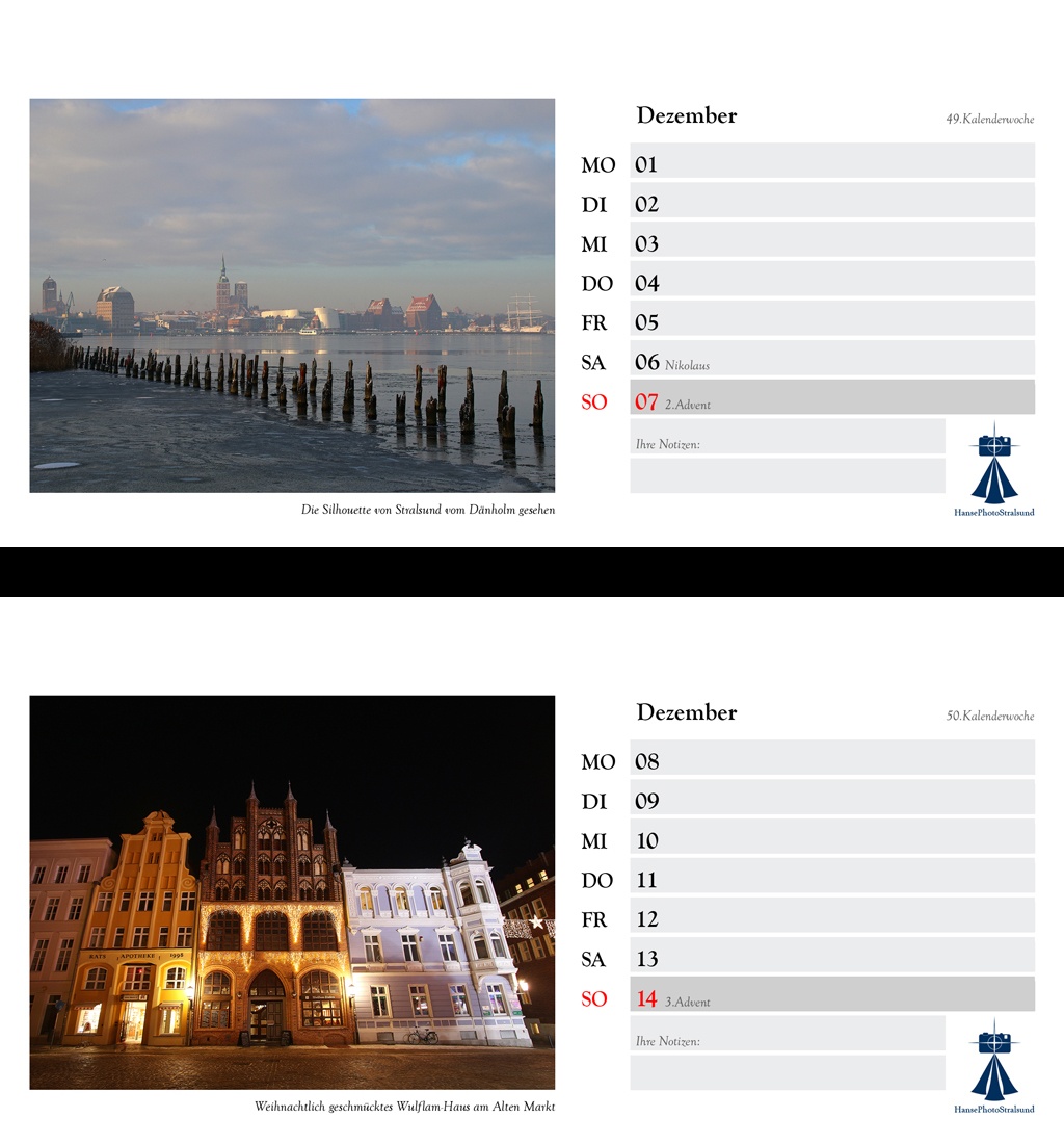 Die Wochenseite mit einem Stralsund-Motiv und viel Platz für Eintragungen