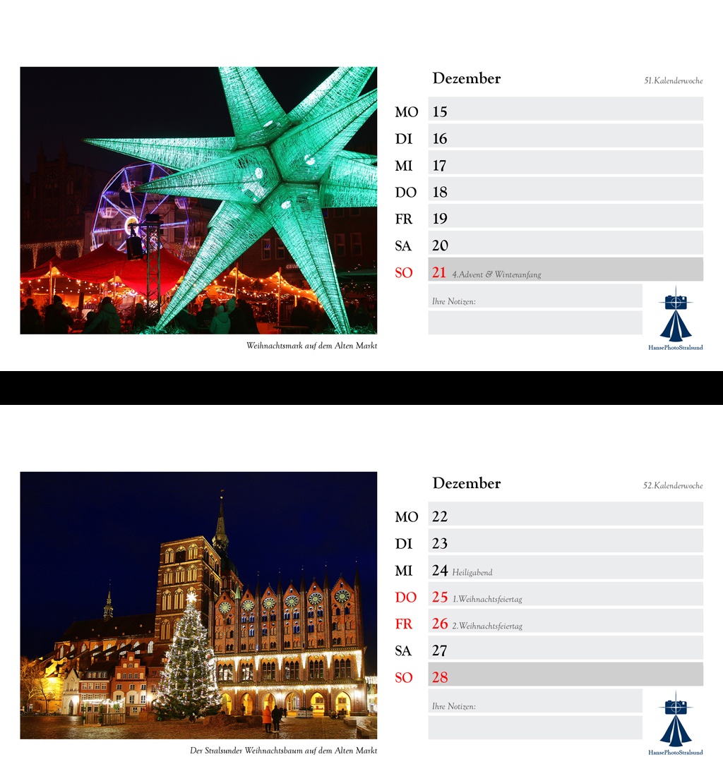 Die Wochenseite mit einem Stralsund-Motiv und viel Platz für Eintragungen
