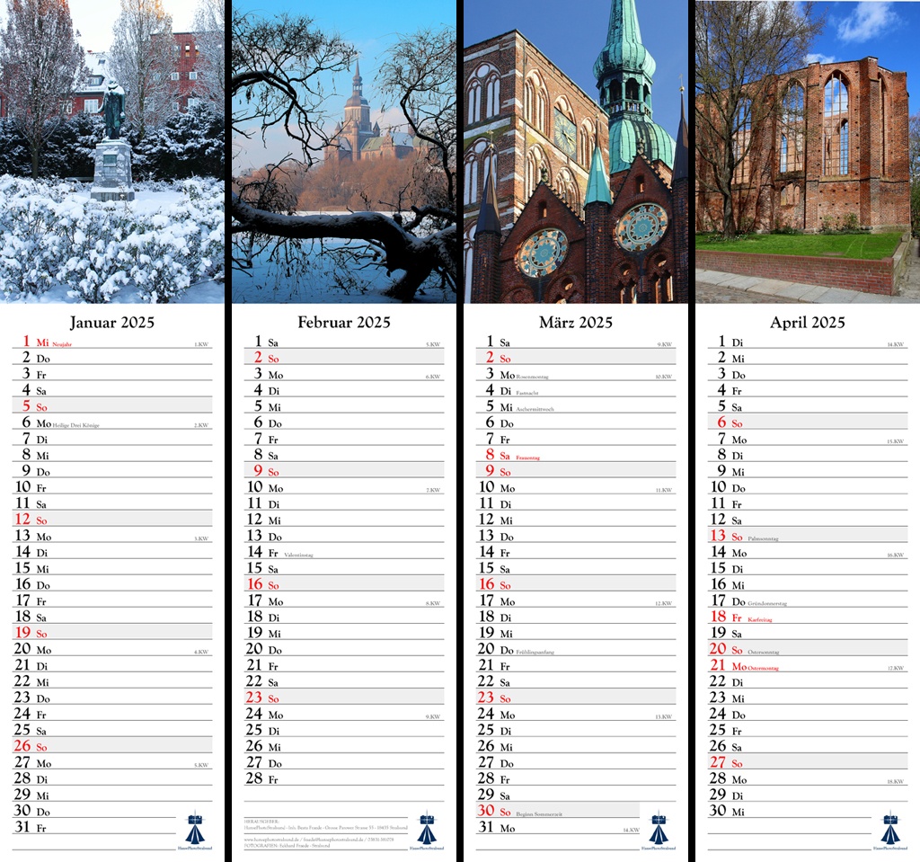 Streifenkalender Hansestadt Stralsund 2025 - Übersicht der Monate Januar bis April