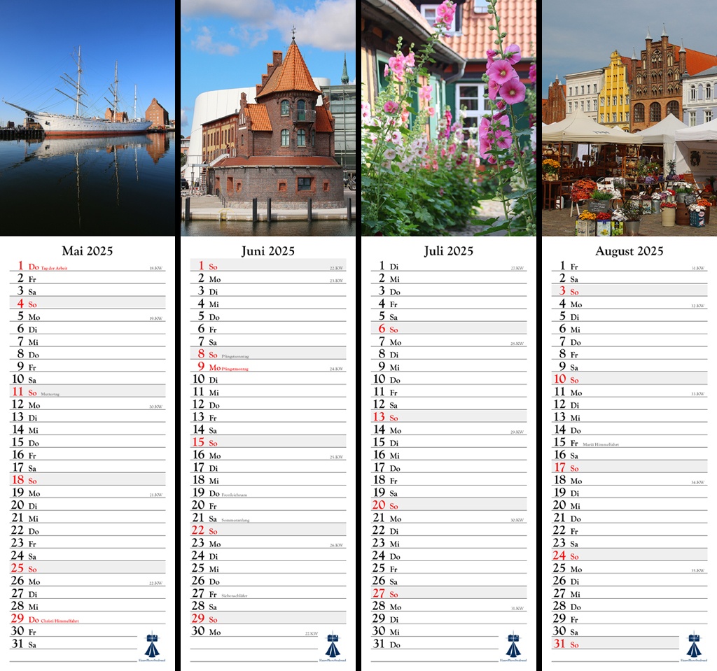 Streifenkalender Hansestadt Stralsund 2025 - Übersicht der Monate Mai bis August
