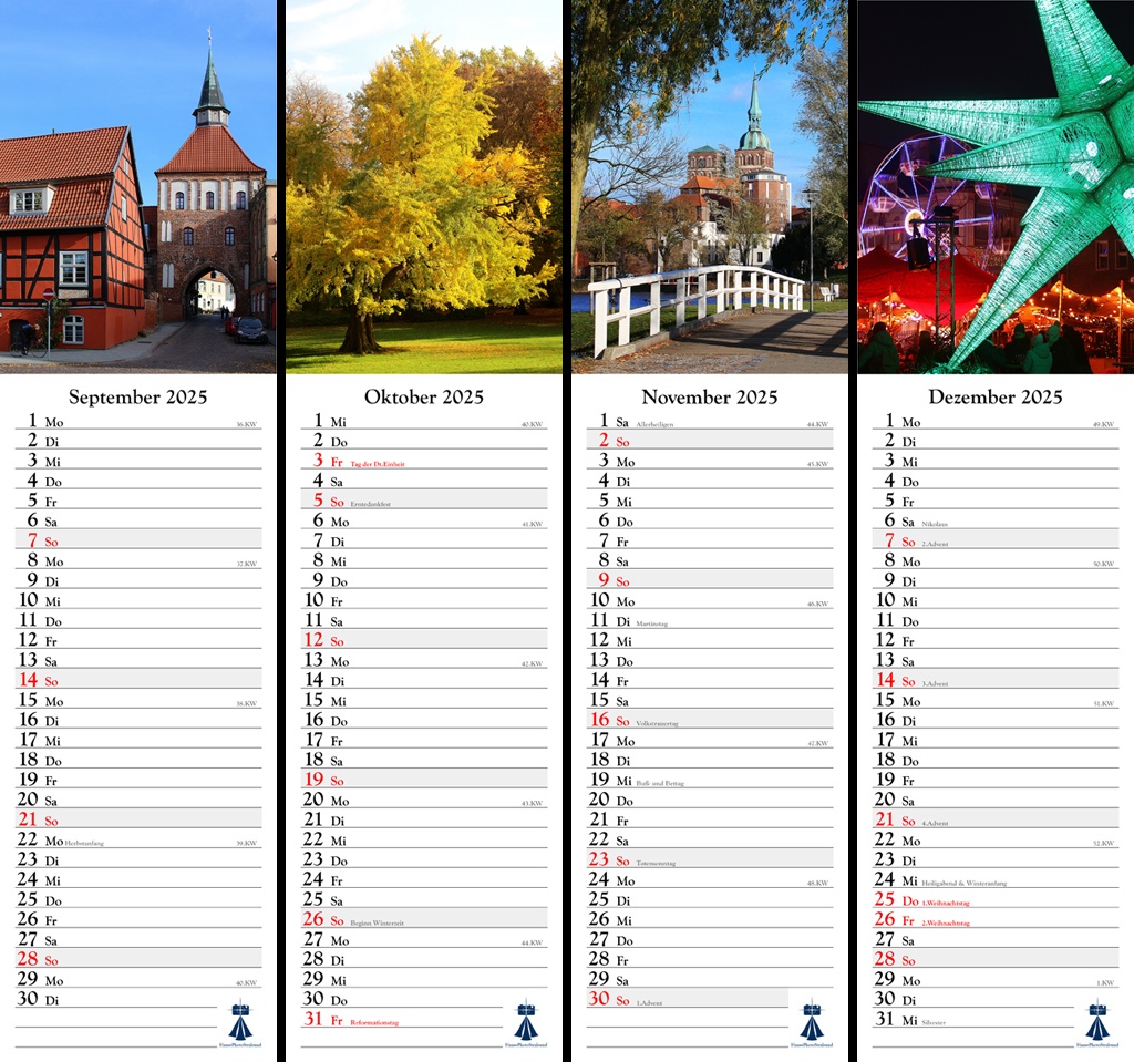 Streifenkalender Hansestadt Stralsund 2025 - Übersicht der Monate September bis Dezember